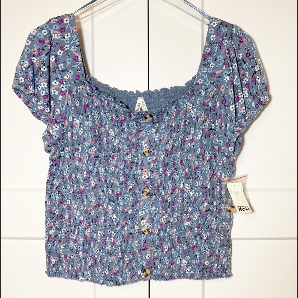MUDD Smocked Button Front Short Sleeve Blue Floral Top NEW